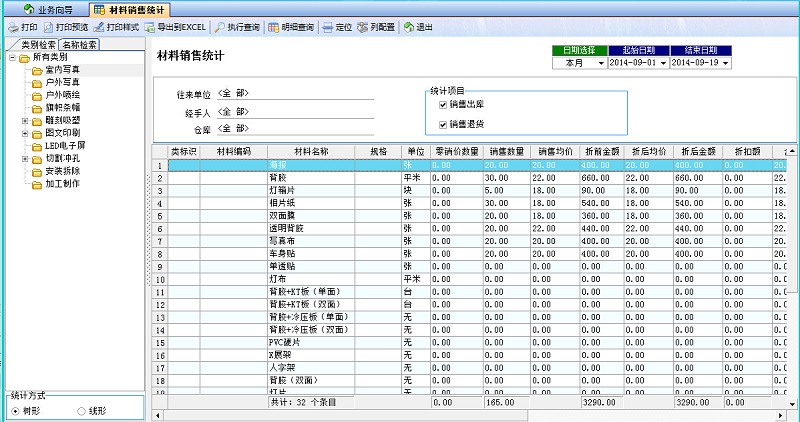 飛揚(yáng)動(dòng)力廣告公司管理系統(tǒng)材料銷售統(tǒng)計(jì)報(bào)表